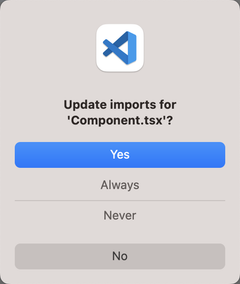 A kind VSCode prompt for updating imports